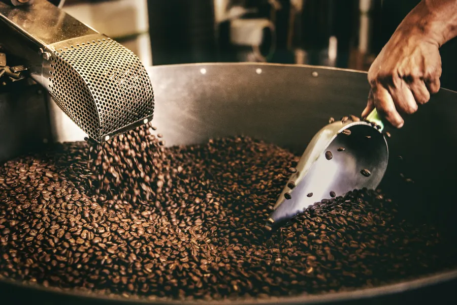 Beans in the roaster being scooped