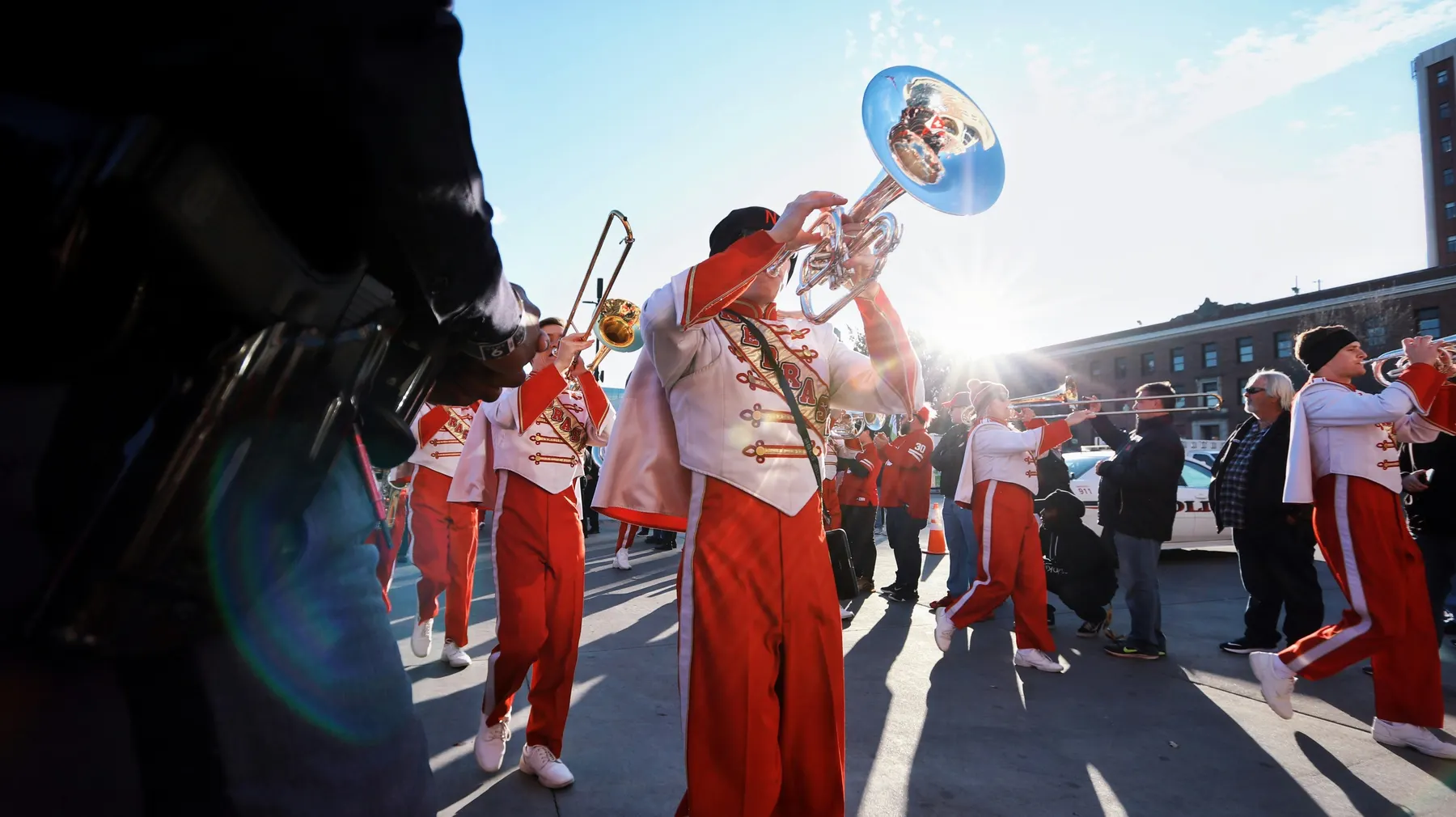 Marching band performing at a game
